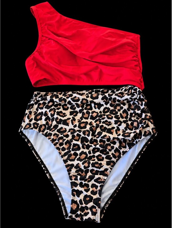Other - Two-Piece One-Shoulder Red and Leopard Print High-Waisted Bikini Set